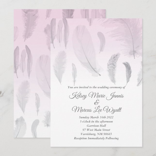 Invitación Boda de plumas rosadas grises (Anverso / Reverso)