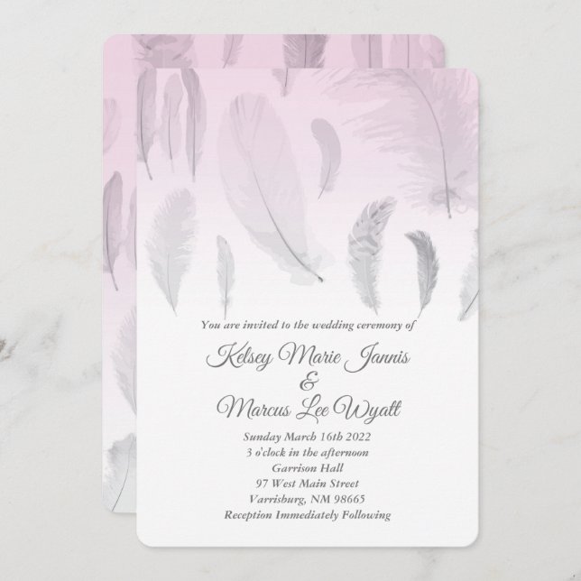 Invitación Boda de plumas rosadas grises (Anverso / Reverso)