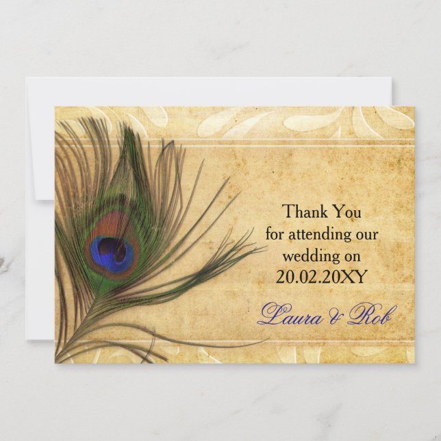 Invitación Boda de plumas rusas de pavo real gracias a las ca (Anverso)