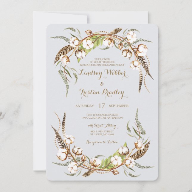 Invitación Boda de plumas rusticas de algodón (Anverso)