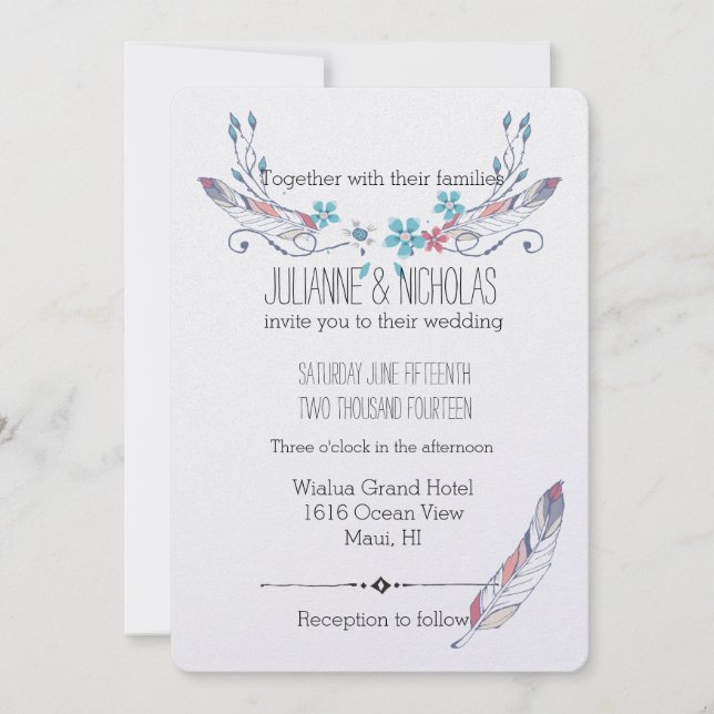 Invitación Boda de plumas y flores (Anverso)