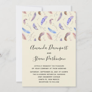 Invitación Boda de plumas y hojas de acuarela