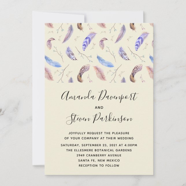 Invitación Boda de plumas y hojas de acuarela (Anverso)