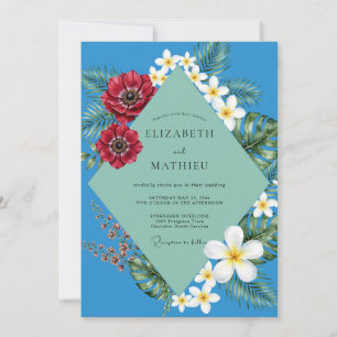 Invitación Boda de Plumeria Tropical Eucalipto Cobalto