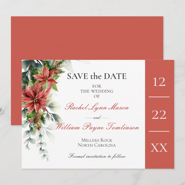 Invitación Boda de Poinsettia de vacaciones Guardar la tarjet (Anverso / Reverso)