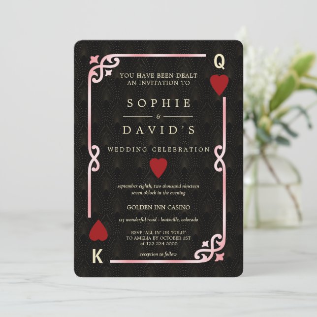 Invitación Boda de Poker Negro Rosa del Casino Gatsby Las Veg (Anverso de pie)