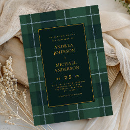 Invitación Boda de Polo de Tartán Vintage Verde Oscuro