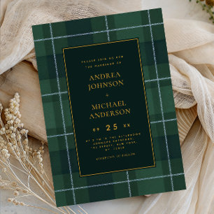 Invitación Boda de Polo de Tartán Vintage Verde Oscuro