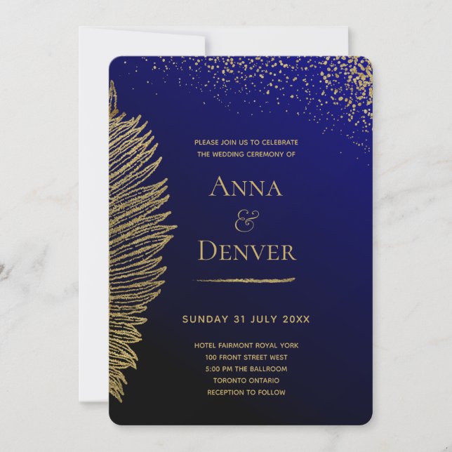 Invitación Boda De Polvo De Cobalto Y Oro (Anverso)