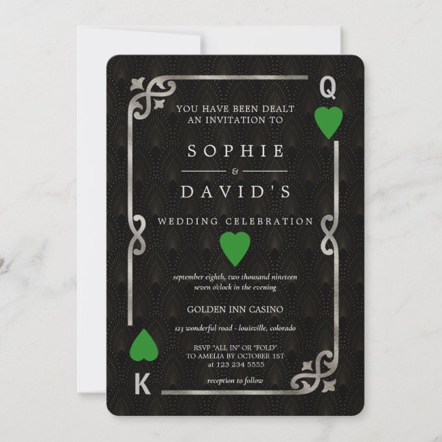 Invitación Boda de Póquer de Vegas Green Casino de Silver For (Anverso)