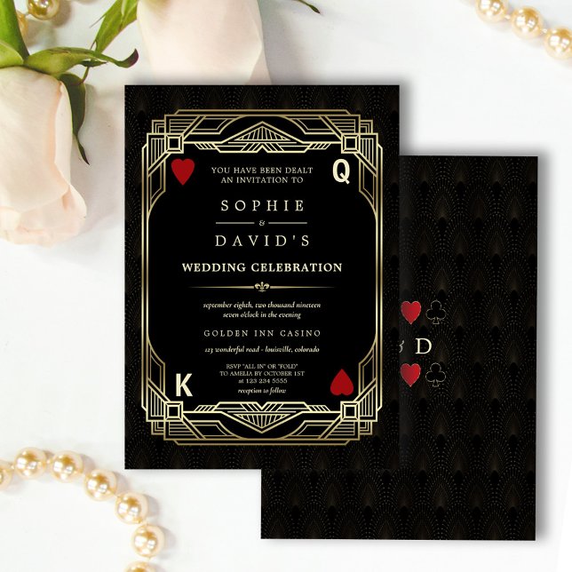 Invitación Boda de Póquer en el Casino de Lujo Gatsby Las Veg (Elegant gold black casino wedding invitation, Art Deco great Gatsby wedding invite, poker wedding)