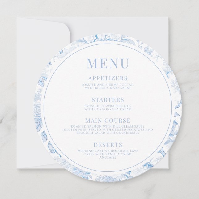Invitación Boda de porcelana azul Menú Redondo Descarga insta (Anverso)