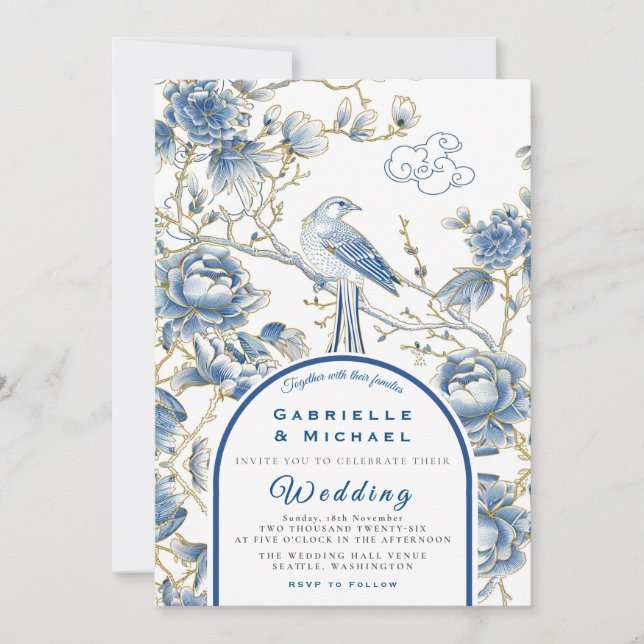 Invitación Boda de porcelana Delft Blue White Chinoiserie (Anverso)