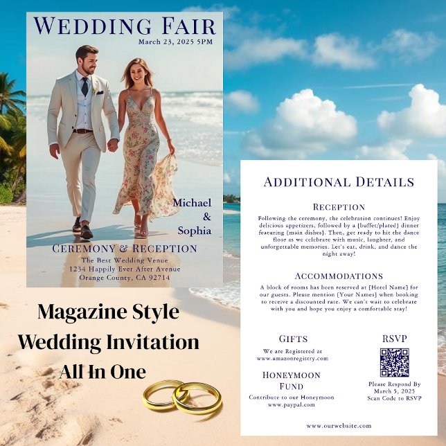 Invitación Boda de portada de la revista en la playa (Magazine Cover Wedding on the Beach Invitation (All in one))