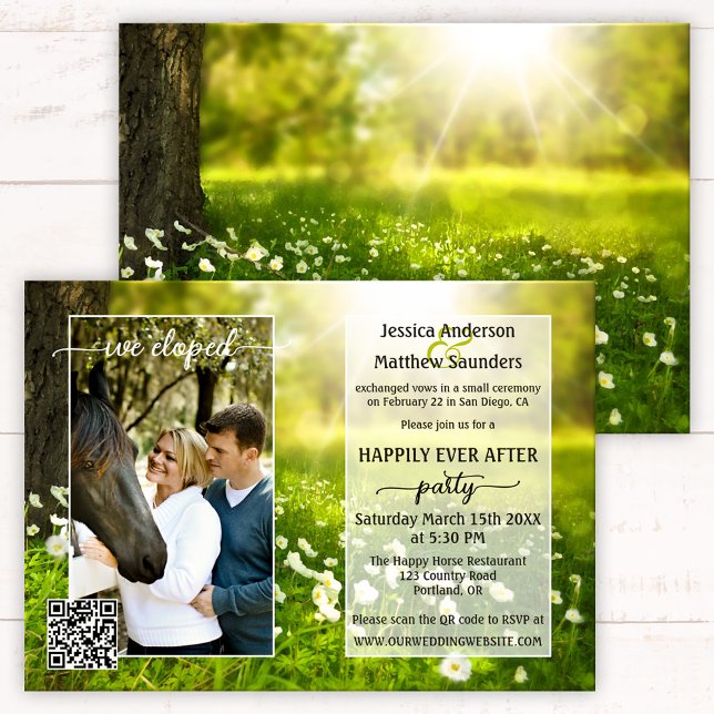 Invitación Boda de Post por País con guión de primavera verde (Happily ever after wedding invitation with your photo framed on a spring meadow with flowers - QR)