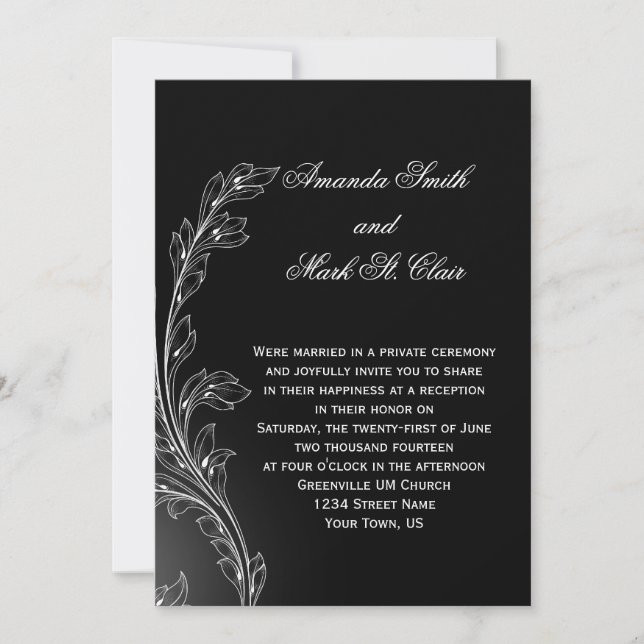 Invitación Boda de postas de Swirls Black White Floral (Anverso)