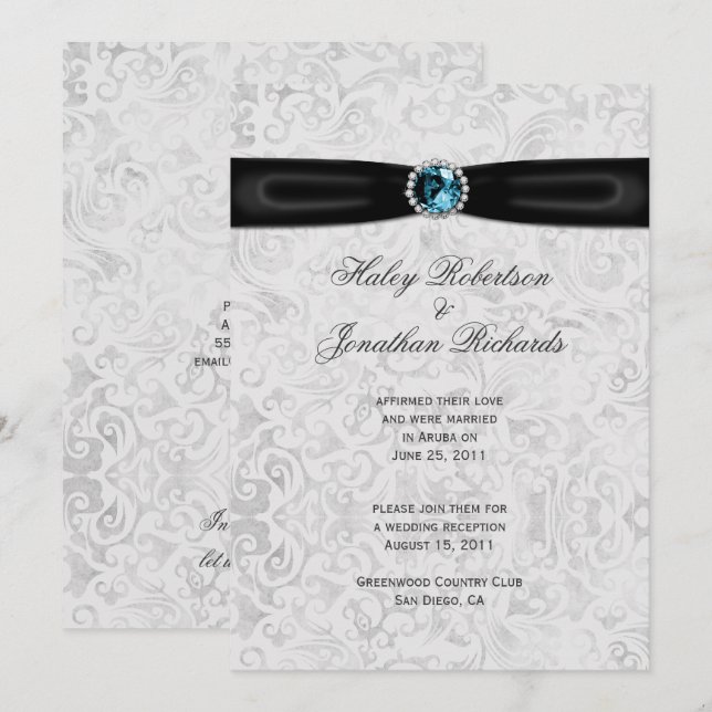 Invitación Boda de poste de joyas azules de cinta negra de Da (Anverso / Reverso)