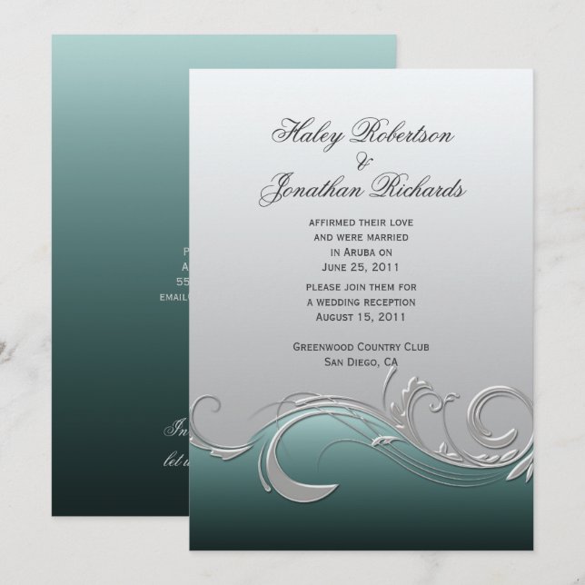 Invitación Boda de poste de la Ornate Plata verde azulada (Anverso / Reverso)