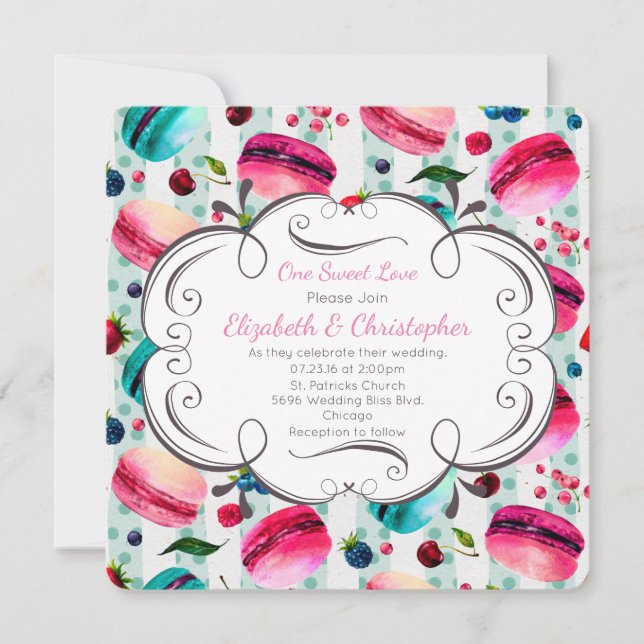Invitación Boda de postre francés macarrón en acuarelas (Anverso)