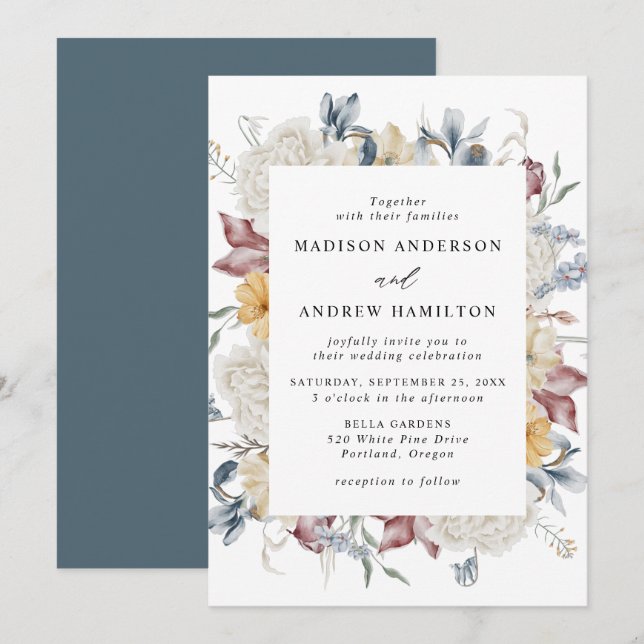 Invitación Boda de pradera de flores silvestres azul polvorie (Anverso / Reverso)