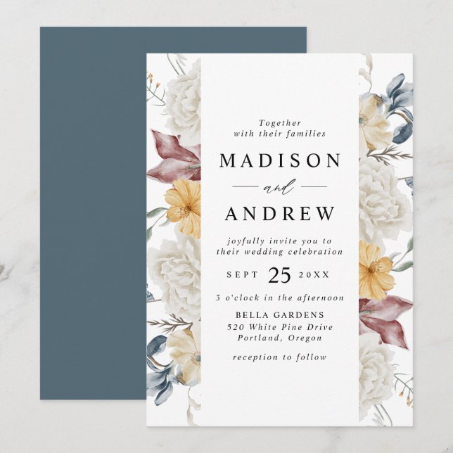 Invitación Boda de pradera de flores silvestres azul polvorie (Anverso / Reverso)