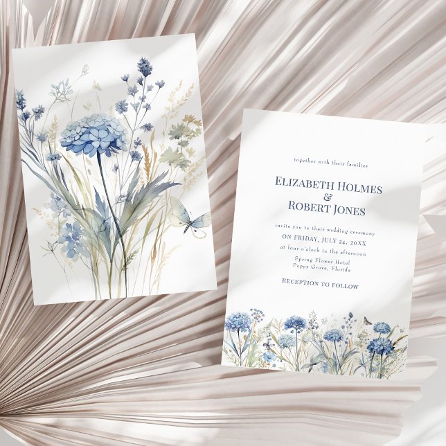 Invitación Boda de pradera de flores silvestres de hortensia  (French Blue Watercolor Garden Wildflowers Wedding Invitation on a dry palm leaf.)