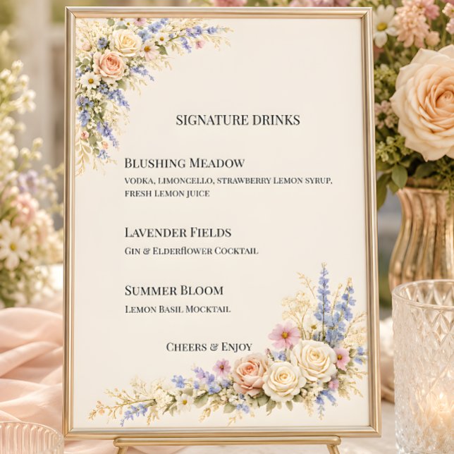 Invitación Boda de pradera de flores silvestres de lujo (Part of the luxury wildflower meadow wedding theme collection, signature drinks menu)
