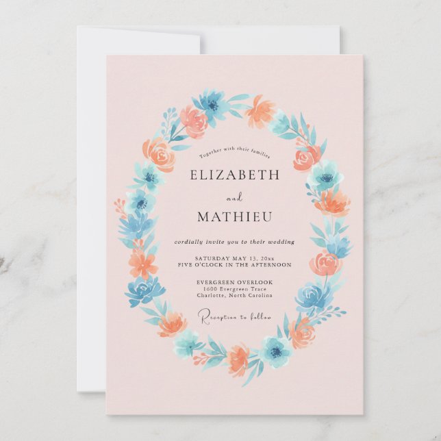 Invitación Boda de pradera floral azul coral (Anverso)