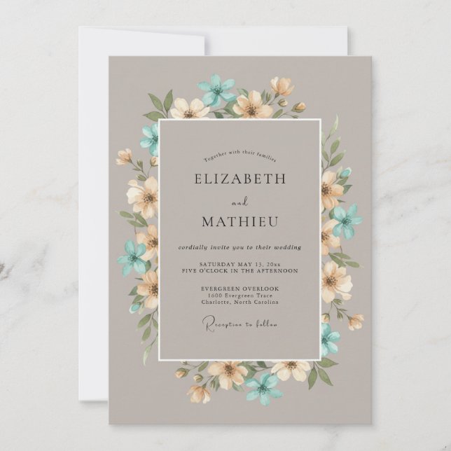 Invitación Boda de pradera floral azul polvoriento (Anverso)