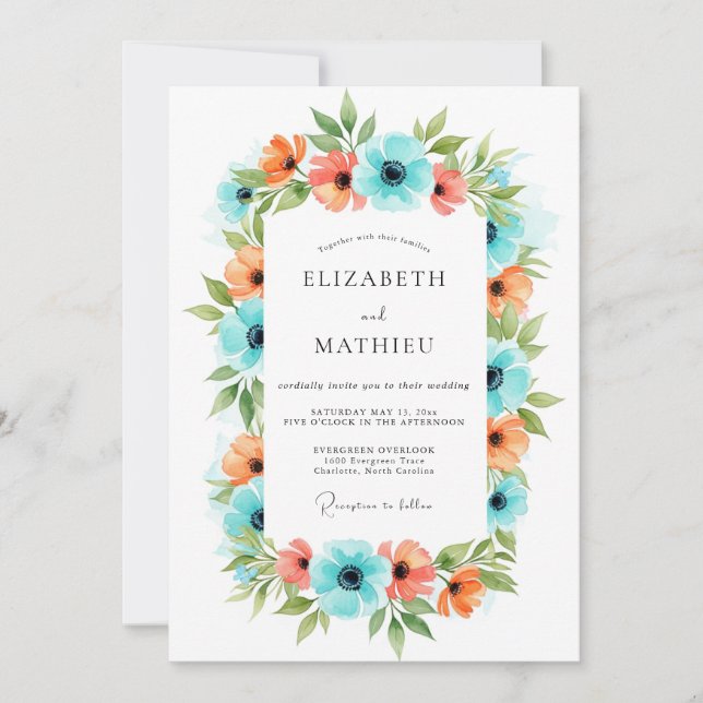 Invitación Boda de pradera floral de coral teal (Anverso)