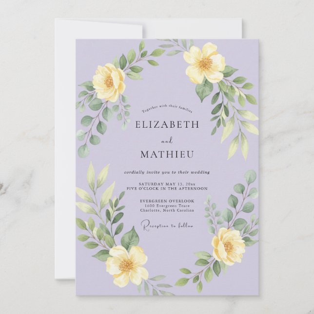 Invitación Boda de prado aireado de amarillo lavanda (Anverso)