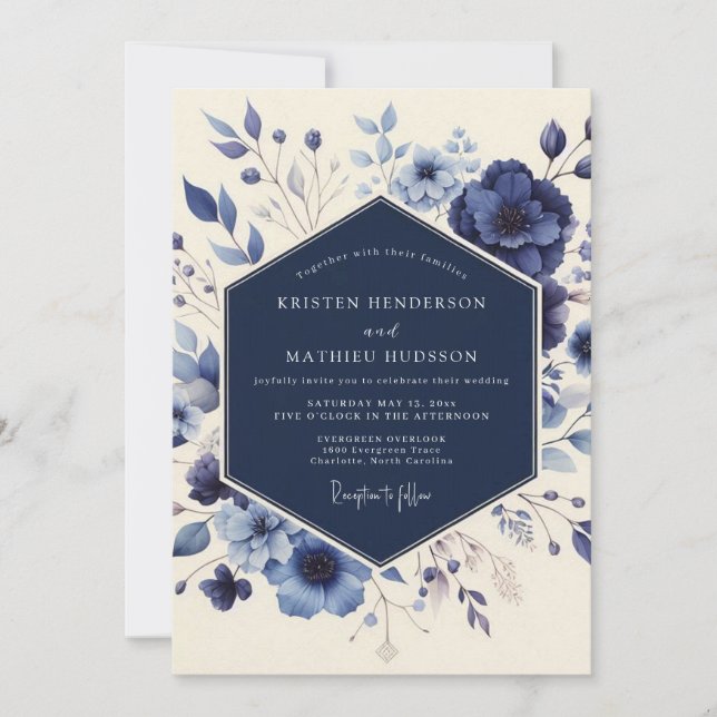 Invitación Boda de prado floral naval (Anverso)