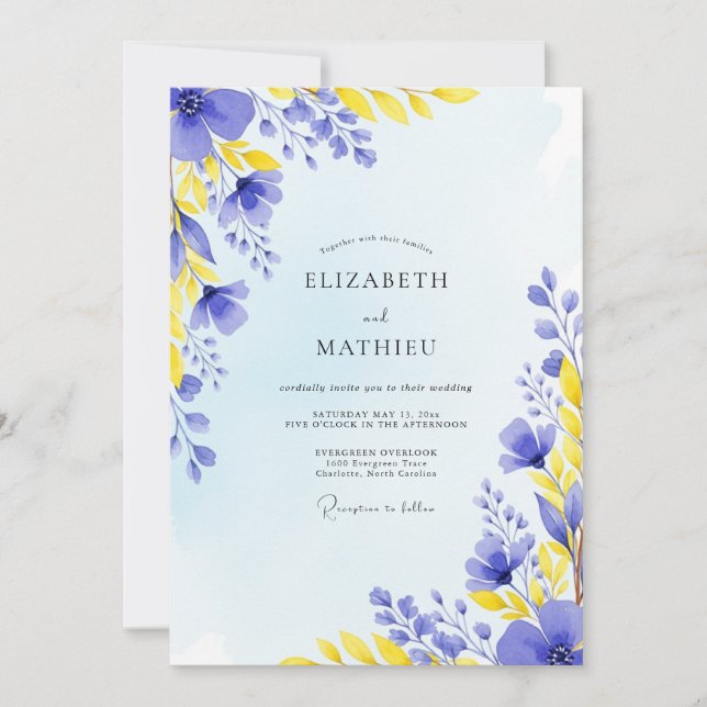 Invitación Boda de prado soleado azul pervinca (Anverso)
