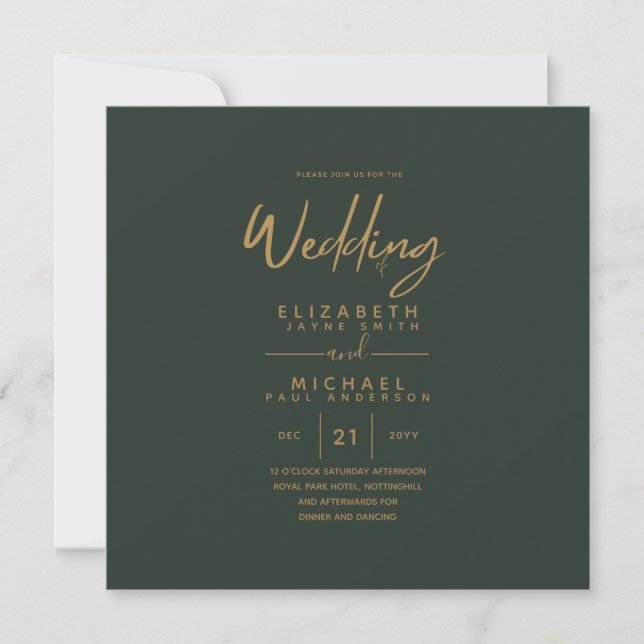 Invitación Boda de presupuesto de oro verde moderno cuadrado (Anverso)