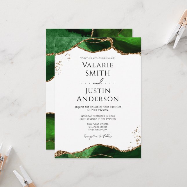 Invitación Boda de presupuesto del Agate Verde Esmeralda (Anverso/Reverso In Situ)