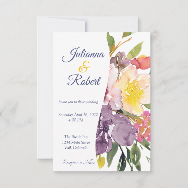Invitación Boda de presupuesto floral morado y amarillo (Anverso)