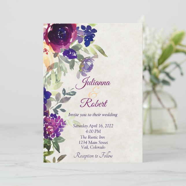 Invitación Boda de presupuesto floral rosa y morado (Anverso de pie)