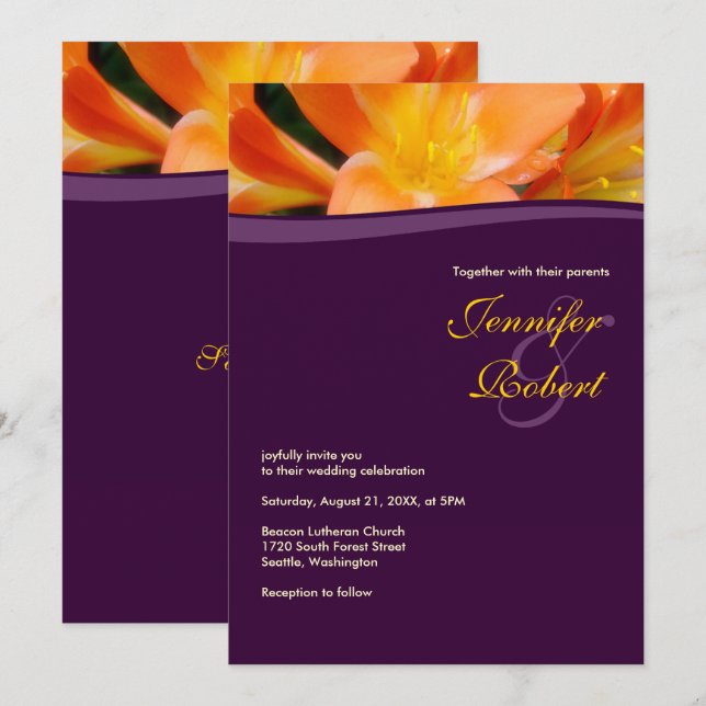 Invitación Boda de presupuesto morado y Naranja (Anverso / Reverso)
