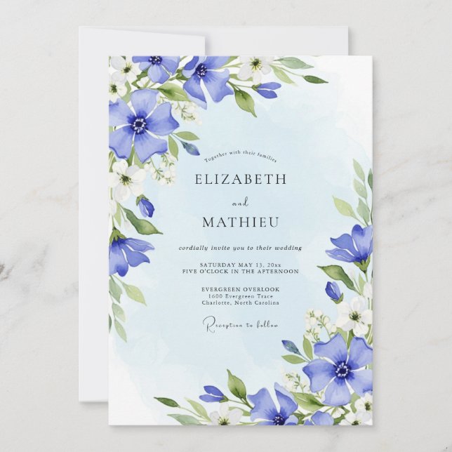 Invitación Boda de primavera acuarela azul aciano (Anverso)