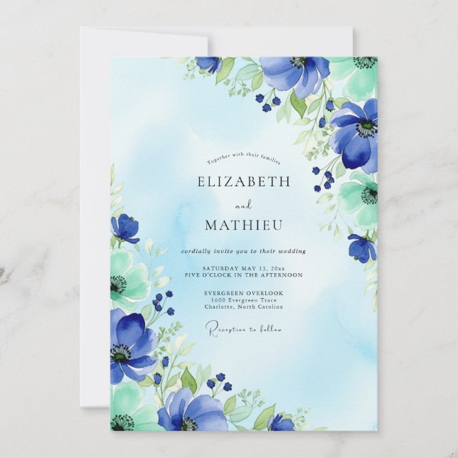 Invitación Boda de primavera acuarela azul menta (Anverso)