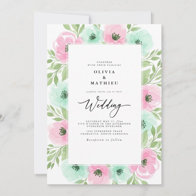Invitación Boda de primavera acuarela ligera rosa menta (Anverso)