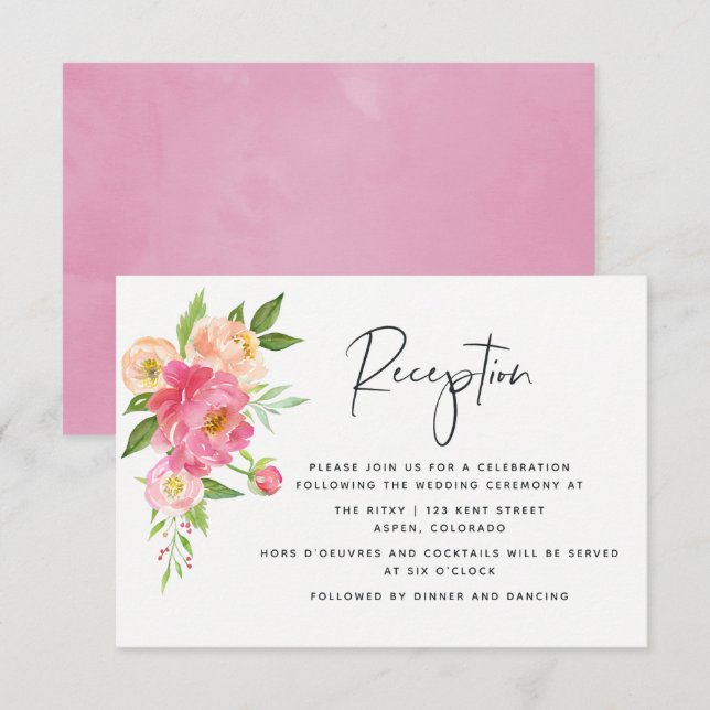Invitación Boda de Primavera Acuarela Peonías Recepción (Anverso / Reverso)