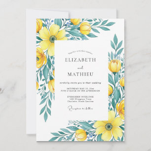Invitación Boda de primavera amarilla y azul verdoso brillant