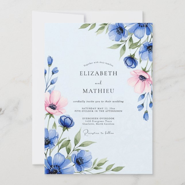 Invitación Boda de primavera azul azur pulida (Anverso)