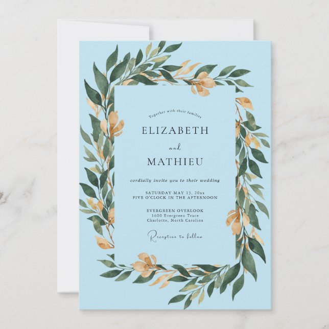 Invitación Boda de primavera azul cielo verde (Anverso)