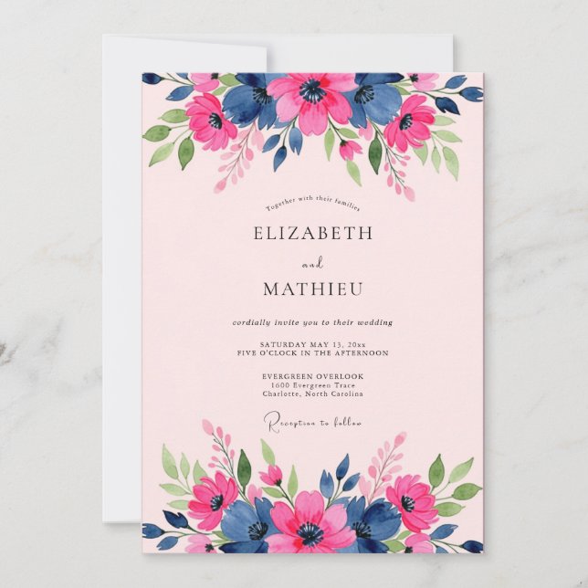 Invitación Boda de primavera azul marino elegante (Anverso)