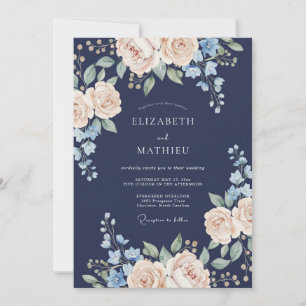 Invitación Boda de primavera azul marino regia