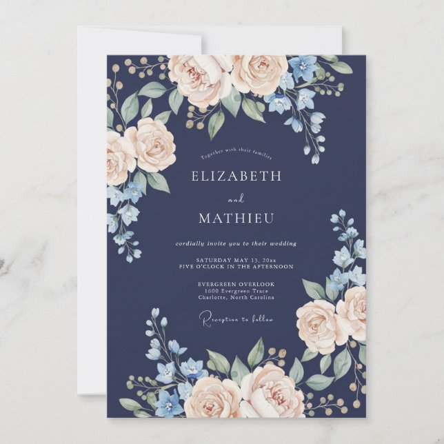 Invitación Boda de primavera azul marino regia (Anverso)