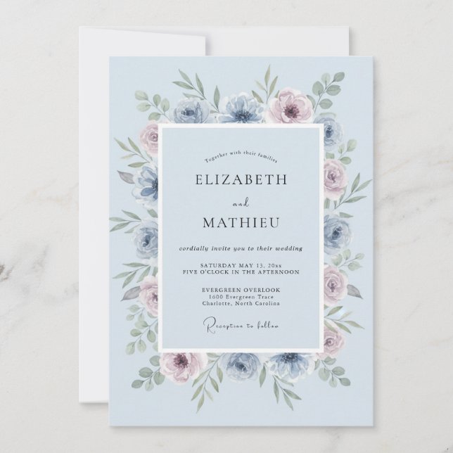 Invitación Boda de primavera azul polvoriento (Anverso)