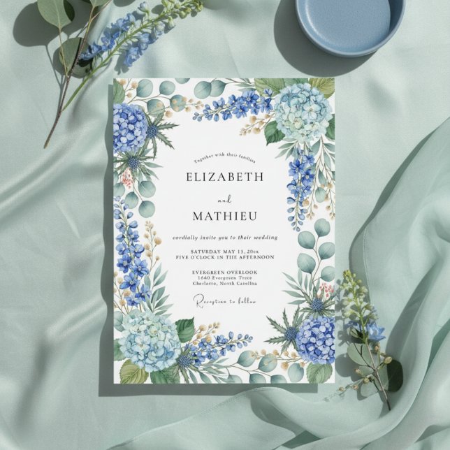 Invitación Boda de primavera azul polvoriento botánico (Subido por el creador)